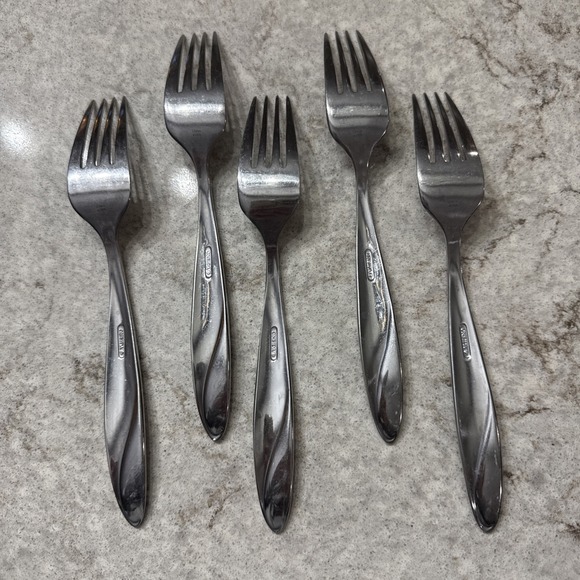 Set of 5 Oneida SIMMER Stainless Glossy Frosted Swirl Dinner Forks 8 Inch - Picture 5 of 7
